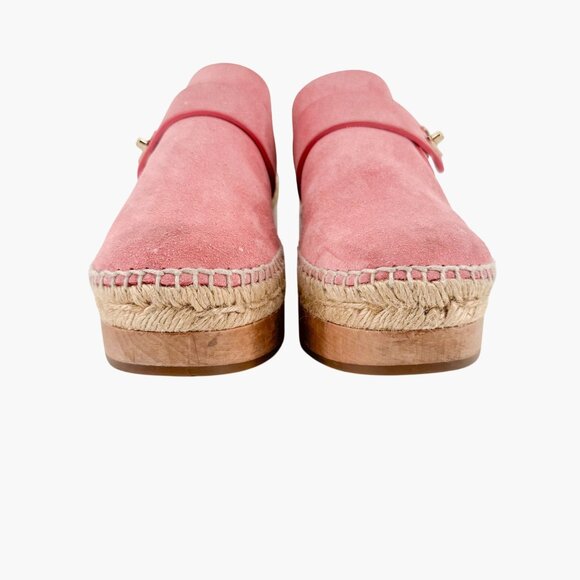 Chanel Turnlock CC Clog Mules Size 37 US 6-6.5 Pink Suede Espadrille Block Heel - Picture 5 of 15